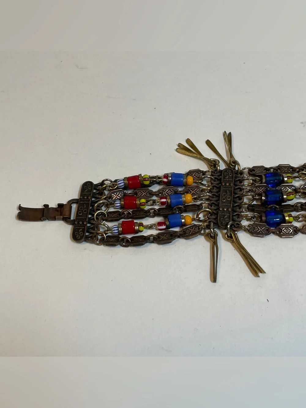 African Egyptian  Style Boho Beaded Copper Chain Brass Paddles Dangle Bracelet